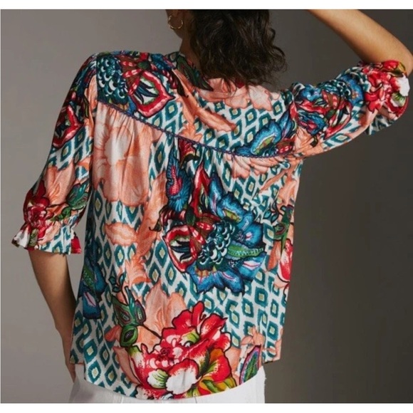 Blnk London Anthropologie STEPHANIE Blue Red Floral V Neck Top Embroiderd Sz S - Picture 16 of 16
